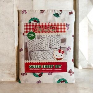 New Hello Kitty Christmas Bow Wreath Queen 4-pc Sheet Set Sanrio 100% Cotton